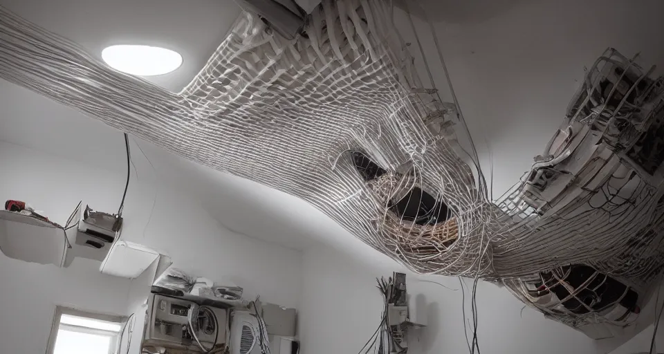 Prompt: a tangle of air ducts, cables and wiring in a small dysoptian flat, style of terry gilliam