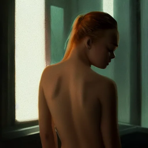 Prompt: silhouette of a Elle Fanning gazing in a mirror, pitch black room, extremely detailed masterpiece, oil on canvas, low-key neon lighting, realist, artstation, Blade Runner 2049, Roger Deakin’s cinematography, by J. C. Leyendecker and Peter Paul Rubens and Stephen Bauman,