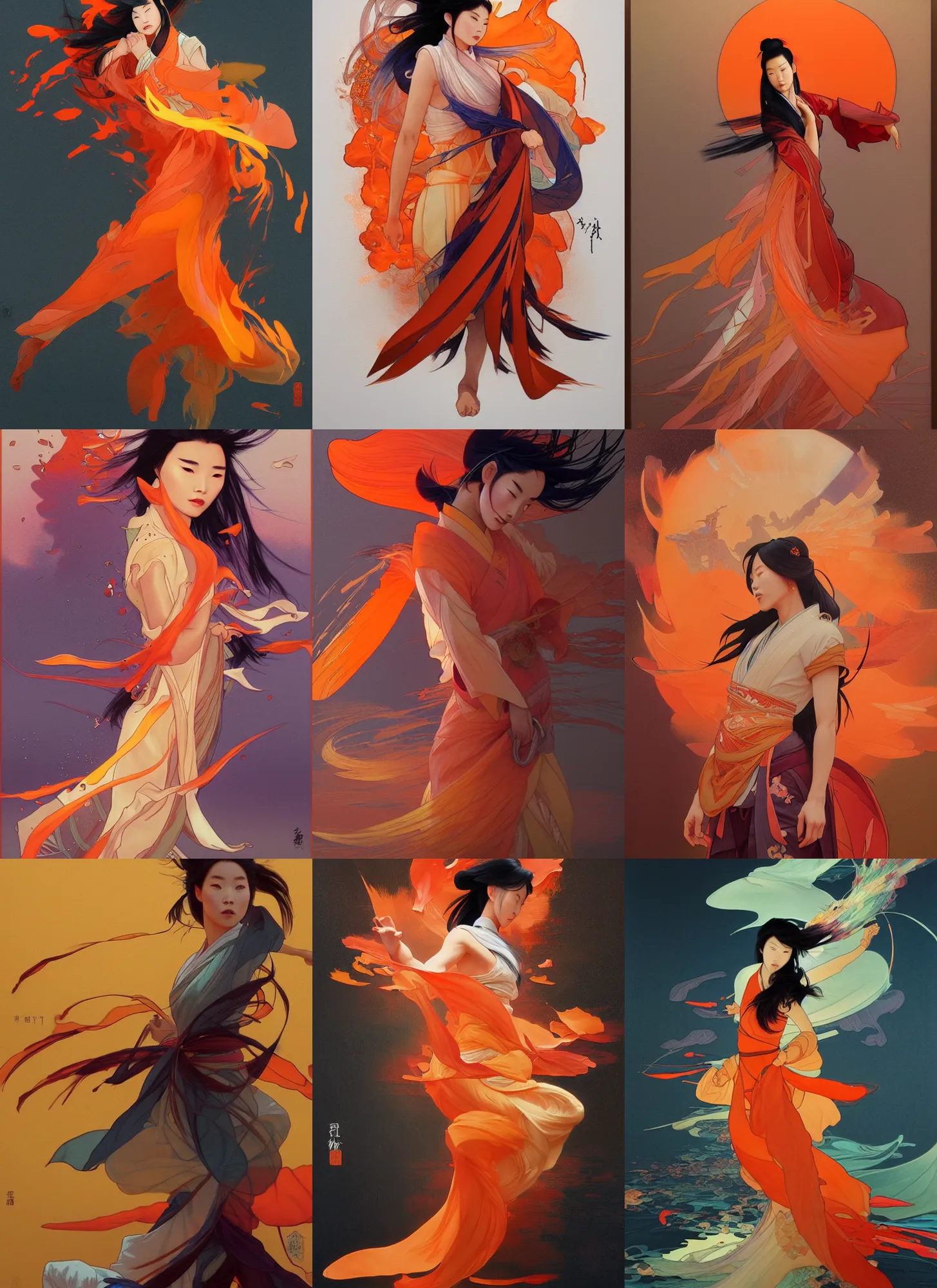 Prompt: mulan, orange spike aura in motion, damaged japanese clothes, floating pieces, painted by art by tsuyoshi nagano, greg rutkowski, artgerm, alphonse mucha, spike painting