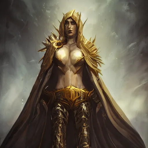 Image similar to magic the gathering character art by bastien lecouffe deharme of a eldritch warrior female wearing black armor with gold lining and a cloak made out of billowing shadows and black feathers, 8 k dop dof