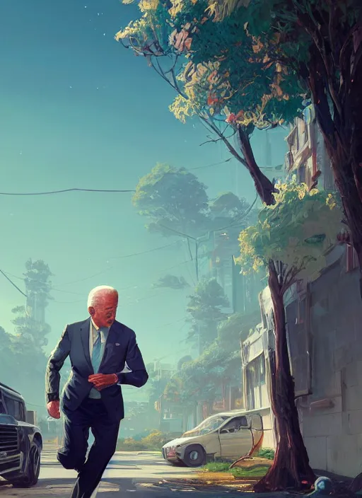 Image similar to highly detailed image of joe biden running to an ice cream truck, in gta v, stephen bliss, unreal engine, fantasy art by greg rutkowski, loish, rhads, ferdinand knab, makoto shinkai and lois van baarle, ilya kuvshinov, rossdraws, tom bagshaw, global illumination, radiant light, detailed and intricate environment