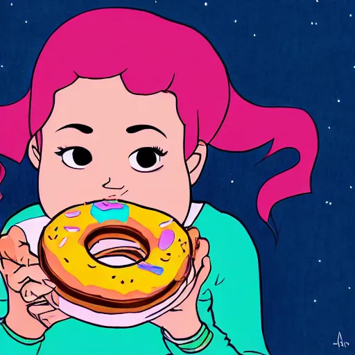 Prompt: Mabel Pines eating a donut, colourful, drawing, masterpiece, high detail, digital art, by Alex Hirsch