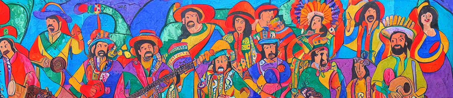 Prompt: [ mexican folk art ] mural depicting joseph and the amazing technicolor dreamcoat