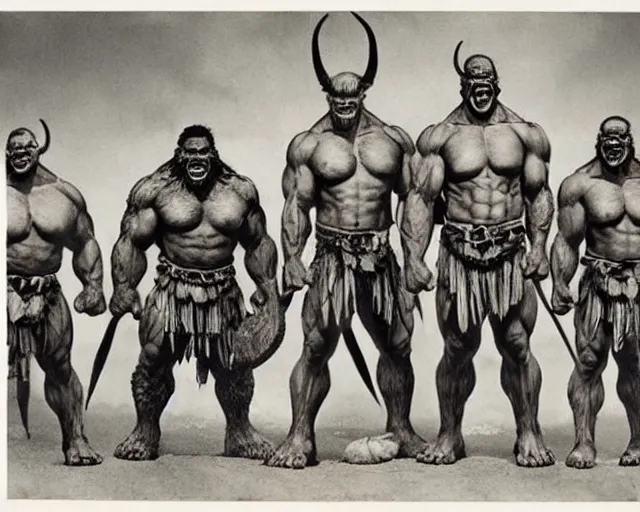 Image similar to hyper realistic group vintage photograph of a warrior orc tribe, tall, muscular, hulk like physique, sharp fangs and tusks, big arms, big hands, big feet, armored, tribal paint, highly detailed