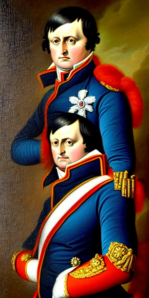 Prompt: portrait painting of napoleon, also napoleon bonaparte, and later known by his regnal name napoleon i, was a french military and political leader who rose to prominence during the french revolution and led several successful campaigns during the revolutionary wars.