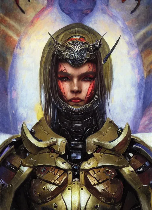 Prompt: symmetry! closeup biblical diabolical beautiful female valkyree! samurai cyborg!! slick wooden armor, heavy eyes to the side, closeup, bright glowing eyes, in clouds, rain, sunset, portrait, by gerald brom, by mikhail vrubel, by peter elson, muted colors, extreme detail, mirrors, trending on artstation, 8 k