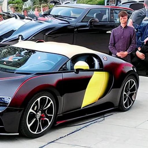 Prompt: an army of andrew tates standing next to a bugatti.