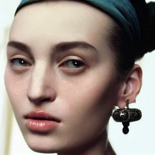 Prompt: behind the scenes of girl with a pearl ear ring by vermeer cinematic lighting vogue cover shoot, detailed face, headshot and body shot, taken in the 1600s, very very very very detailed face, beautiful nostalgic quality