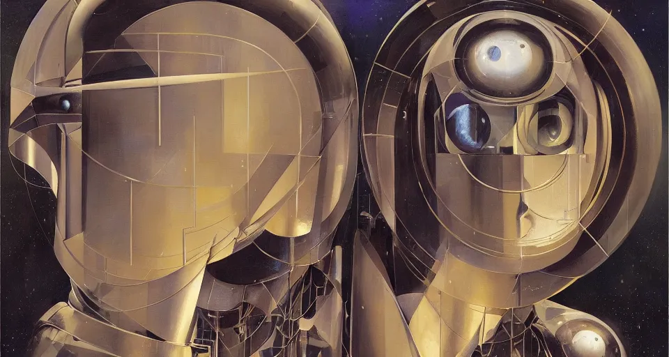 Image similar to a portrait headshot of sci fi metallic human, bright eyes, melancholic complex geometric figure liminal machinery by oskar schlemmer, moebius, john berkey, oil on canvas, portrait facial head, featured on artstation, hd wallpaper