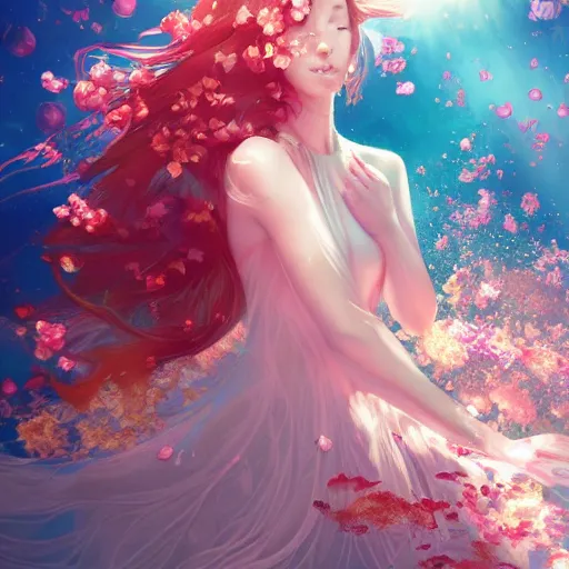 Image similar to Ginger woman in a swirling sundress of flowers, underwater, floral explosion, radiant light, vortex of plum petals, by WLOP and artgerm, artstation, deviantart, pixiv