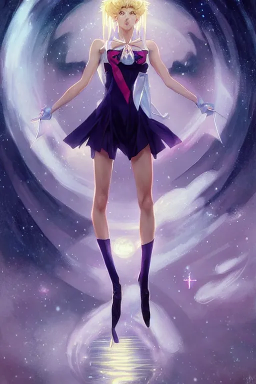 Image similar to aeon flux as sailor moon picture by Greg Rutkowski, pastels, stars, dynamic pose, matte painting, intricate, fantasy concept art, elegant, by Stanley Artgerm Lau, WLOP, golden ratio, thomas kindkade, alphonse mucha, loish, Peter chung, norman Rockwell,