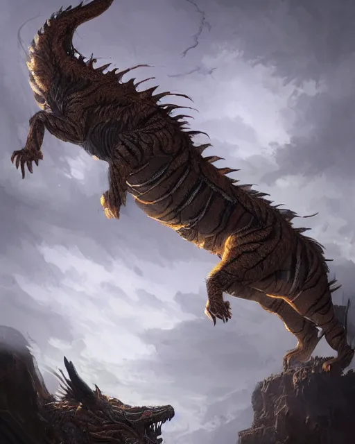 Image similar to A tiger, skin dragon, calm, highly detailed face, full body, fantasy art, monster art, in the style of greg rutkowski, illustration, epic, fantasy, intricate, hyper detailed, artstation, concept art, smooth, sharp focus, ray tracing