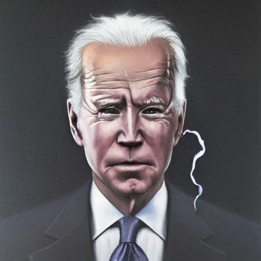 Image similar to presidential portrait of joe biden with smoking eyes and mouth as slenderman, by beksinski, jon mcnaughton, and stephen gammell