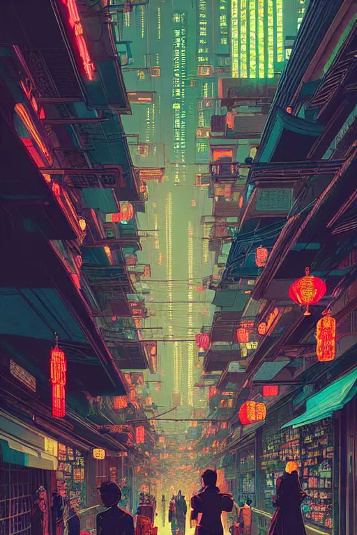 Image similar to a beautiful hyperdetailed matte illustration victo ngai cyberpunk style of absolutely beautiful cyberpunk street, from china, perfectly shaded, atmospheric lighting, style of studio ghibli, makoto shinkai, raphael lacoste, louis comfort tiffany, artgerm, james jean, ross tran, chinese style