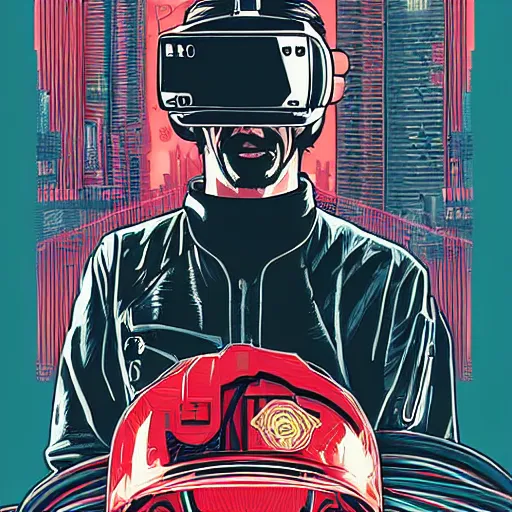 Image similar to Illustrated by Shepard Fairey and H.R. Geiger | Cyberpunk Keanu Reevse with VR helmet, surrounded by cables