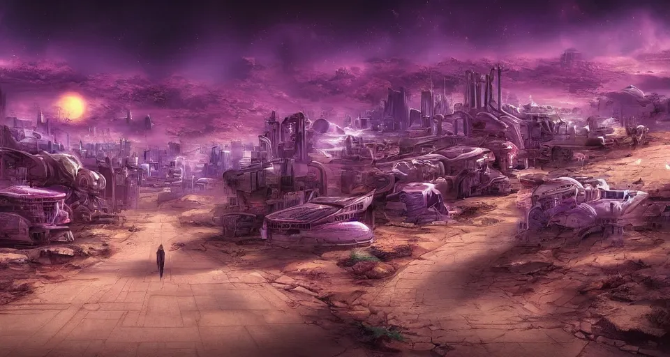 Image similar to Sci-fi wallpaper of an alley in a desert city, view from the top, purple color-theme, cinematic, science-fiction art wallpaper, stunning digital art