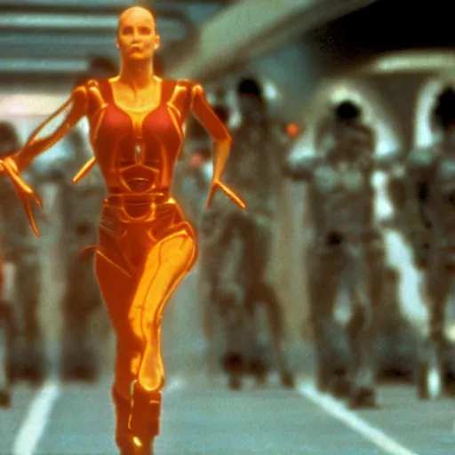 Image similar to The matrix, LeeLoo, Starship Troopers, Sprinters in a race, The Olympics footage with crowd cheering, intense moment, cinematic stillframe, french new wave, The fifth element, vintage robotics, formula 1, starring Geena Davis