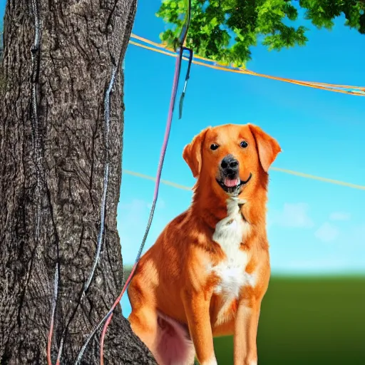 Image similar to an extremely happy dog is hanging by wires from a tree, 4 k, realistic