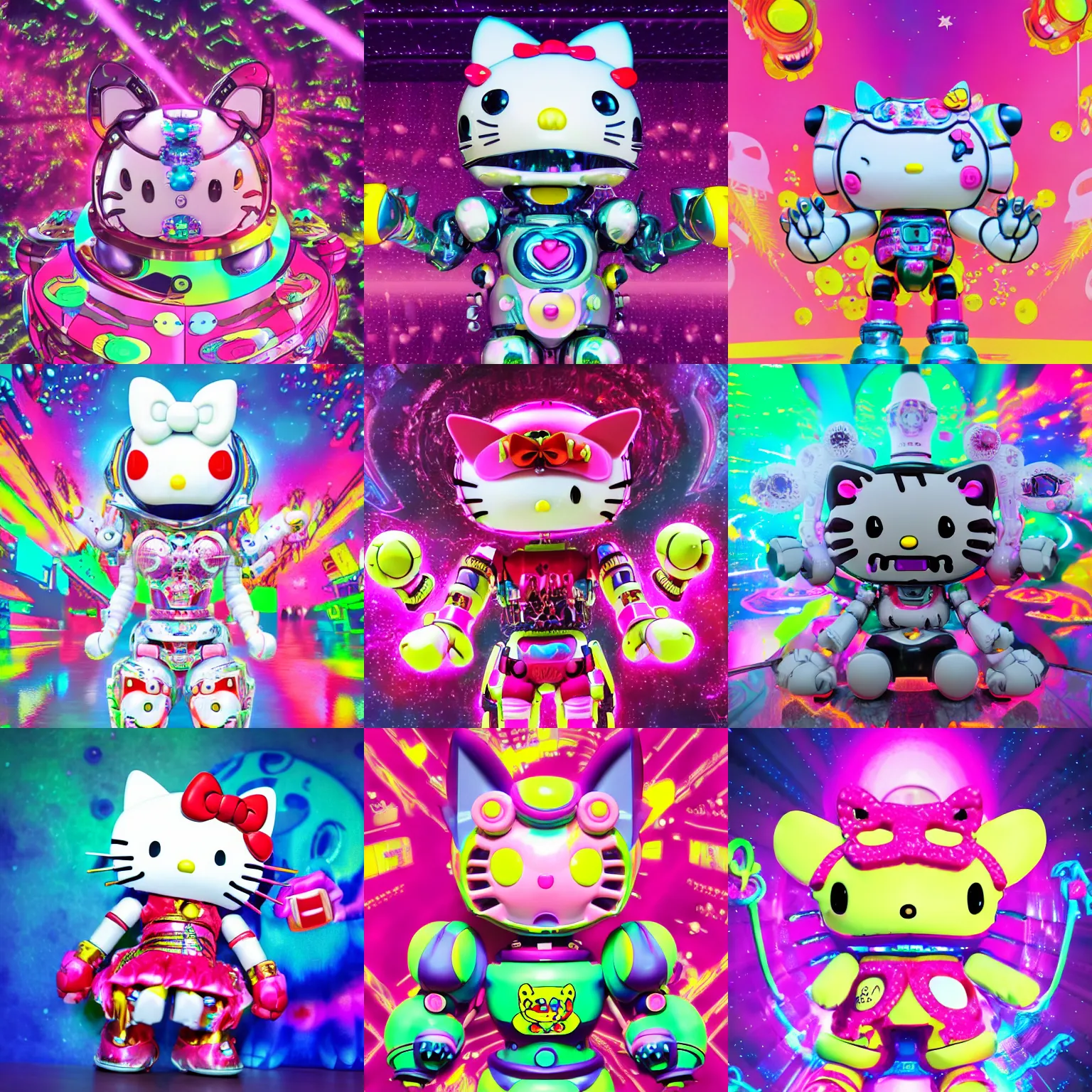 Prompt: a detailed 3 d render of a demonic hellokitty mecha robot alien god wearing a raver outfit by lisa frank and cicely mary barker, taiyo matsumoto, myst, beeple, cgsociety, crisp, low angle shot