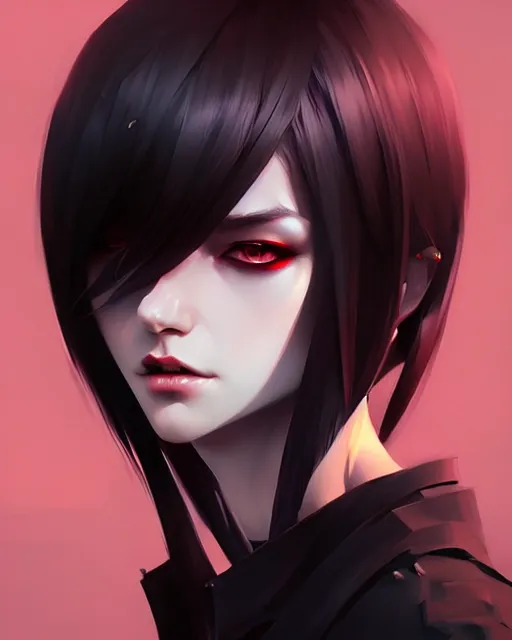 Image similar to sharp hq rendering, dark vampire, character portrait, concept art, painterly, fanart, highly detailed in the style of wlop by ilya kuvshinov, wenjun lin, angular asymmetrical design, chinese artist, eastern art style, nixeu