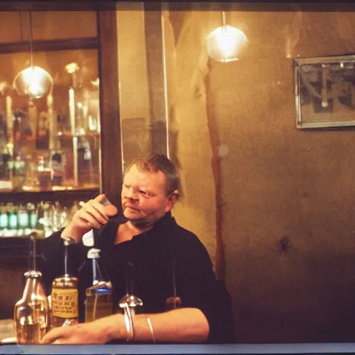 Image similar to lars løkke sitting drunk in the bar, film photo