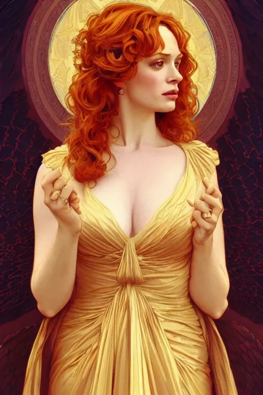 Prompt: symmetrical!! looking at the camera! a portrait of an angel christina hendricks wearing a golden dress, upper body, concept art, deep focus, sky, heaven, clouds, intricate, highly detailed, digital painting, artstation, matte, sharp focus, illustration, art by greg rutkowski and alphonse mucha