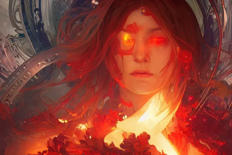 Prompt: arcs of flame, water splashes, shards of mercury, dramatic lighting, cyberpunk neon, secret cypher, red flowers, solar flares, intricate art by artgerm and alphonse mucha and greg rutkowski