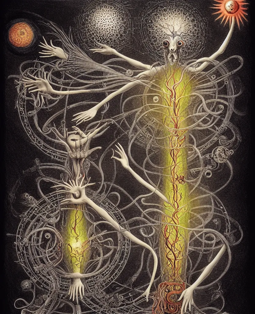 Image similar to whimsical freaky creature sings a unique canto about'as above so below'being ignited by the spirit of haeckel and robert fludd, breakthrough is iminent, glory be to the magic within, painted by ronny khalil