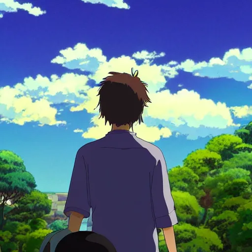 Prompt: friendly guy with Fragile looking portrait face colorful sky made by Studio Ghibli highly detailed art, beautiful scene, sharp focus, smooth, 8k, anime art