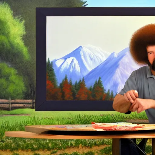 Prompt: a closeup photorealistic photograph of bob ross detailing a canvas painting of kenny powers. mountains and trees. film still. brightly lit scene. this 4 k hd image is trending on artstation, featured on behance, well - rendered, extra crisp, features intricate detail, epic composition and the style of unreal engine.