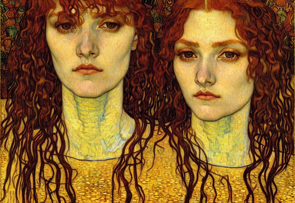 Image similar to detailed realistic beautiful young medieval queen face portrait by jean delville, gustav klimt and vincent van gogh, art nouveau, symbolist, visionary, gothic, pre - raphaelite, muted earthy colors, desaturated