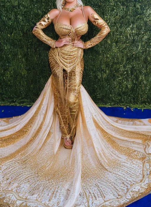 Prompt: portrait of lindsey pelas golden kebaya and sarong skirt in met gala, by charlotte grimm, natural light, detailed face, beautiful features, symmetrical, canon eos c 3 0 0, ƒ 1. 8, 3 5 mm, 8 k, medium - format print,