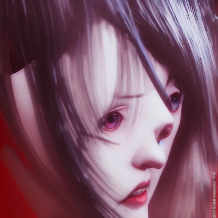 Image similar to renaissance portrait of the secretive vampire girl loner smiling at her next victim, by katsuhiro otomo, yoshitaka amano, nico tanigawa, and artgerm rendered with 3 d effect.