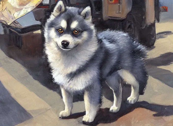 Image similar to a highly detailed beautiful portrait, extremely detailed illustration of a pomsky dog sad and crying while he is looking at the market crash, by gregory manchess, james gurney, james jean