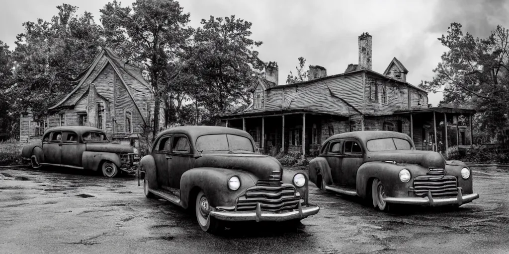 Prompt: Lovecraft Country, ultra detailed haunted house, heavy rain, detailed rain clouds, establishing atmospheric shot, unreal engine, F11 aperture, night, volumetric fog, lighting and thunder, film grain, ultra detailed 1948 Packard Station Sedan parked in the street,