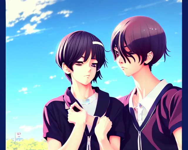 Image similar to boy's love anime high school scene spring setting, high detail concept art, perfect proportions good looking handsome, realistic shaded lighting poster ilya kuvshinov, katsuhiro, loish and clamp style, trending on art station, best selling artist