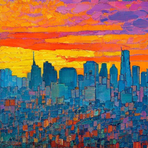 Prompt: a painting of a sunset over a cityscape with buildings in the background, an oil painting by erin hanson and stanton macdonald wright, deviantart, american impressionism, rich color palette, impressionism, fauvism, cgsociety, lyrical abstraction, cityscape, dystopian art
