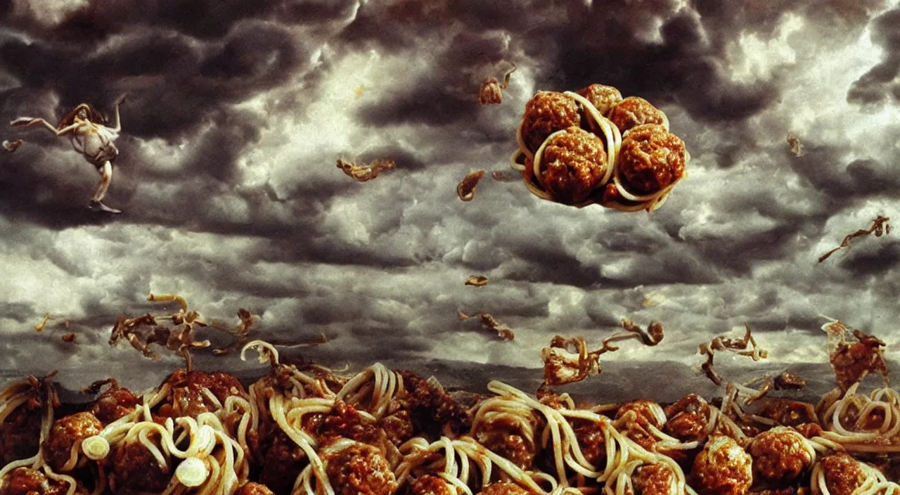 Prompt: spaghetti bolognesa with meatballs and hundred rusted perfect woman bodies flying in stormy clouds by dali, hyper - realism