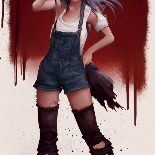 Prompt: witch, soft eyes and narrow chin, dainty figure, long hair straight down, torn overalls, short shorts, combat boots, wet tshirt, raining, basic white background, side boob, symmetrical, single person, style of by Jordan Grimmer and greg rutkowski, crisp lines and color,