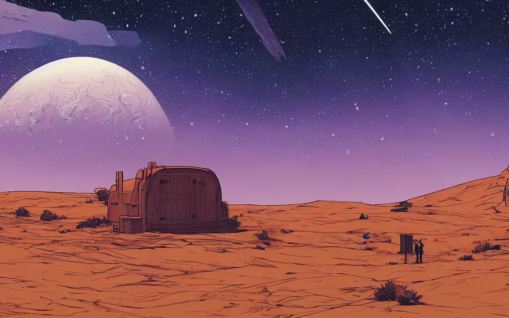 Prompt: very detailed, prophet graphic novel, ilya kuvshinov, mcbess, rutkowski, simon roy, illustration of a large bank vault door on a desert planet, wide shot, colorful, deep shadows, astrophotography