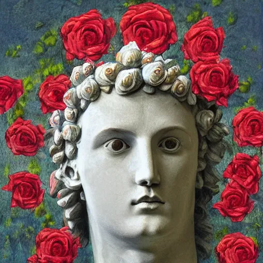 Image similar to portrait of a greek statue covered in roses, by julia pott