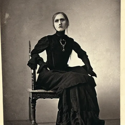 Prompt: photo, young woman, sitting on chair, gothic clothes