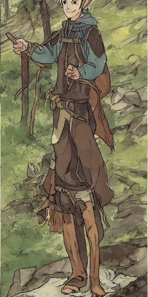 Image similar to an wood elf boy getting ready for an high fantasy adventure on the mountain side, anime style, tarot card, Tarot card the fool