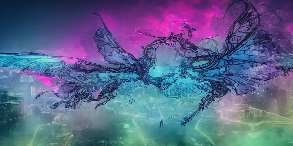 Prompt: dimly lit muted multi-color smoke (blues, greens), muted neon smoke, smoke reminiscent (transparent outline) of fierce flying dragons with large outstretched wings flying, a distant vague city park landscape in the background, photographic, stunning, inspiring, super high energy, swift, fast, fleeting, 8K, 4K, UE5