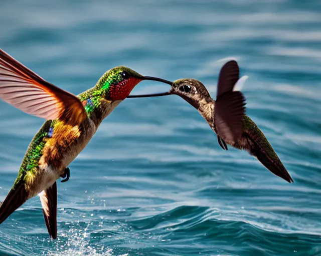 Image similar to photograph of a GIANT!!! hummingbird eating a shark!!