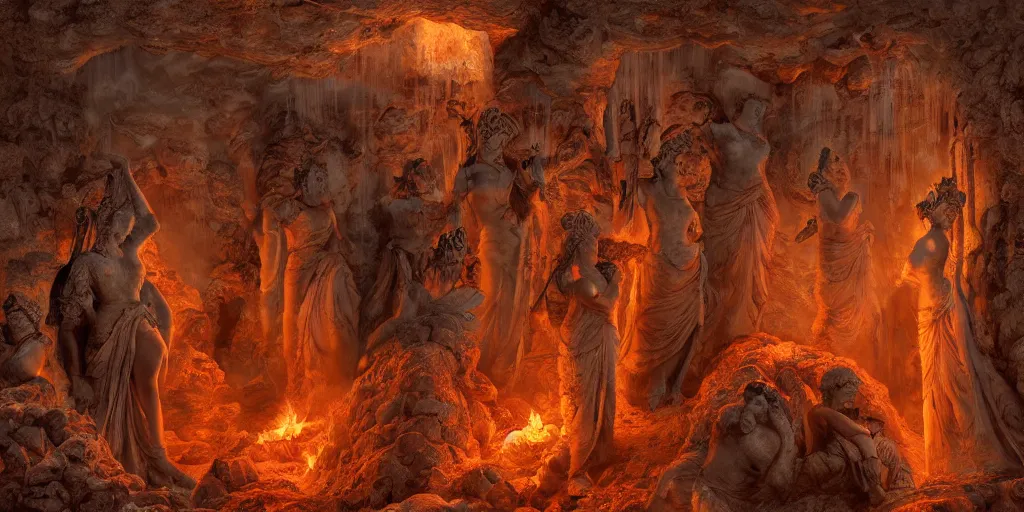 Prompt: greek godess statues in the entrance to the underworld, lava, 8 k detailed, highly detailed matte painting, incredible, trending on artstation,