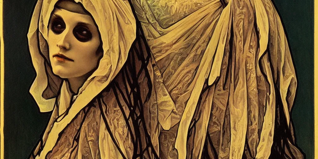 Image similar to a Masterpieces portrait of a skeleton nun in the style of Alphonse Mucha,Realistic style,oil on canvas