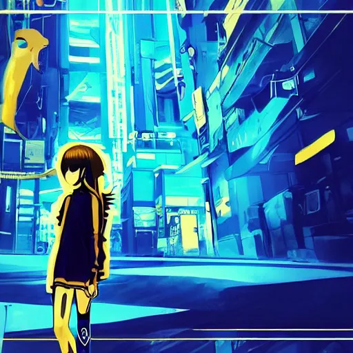 Image similar to Frequency indie album cover, luxury advertisement, blue filter, blue and black colors. Clean and detailed post-cyberpunk sci-fi close-up schoolgirl in asian city in style of cytus and deemo, blue flame, relaxing, calm and mysterious vibes, by Tsutomu Nihei, by Yoshitoshi ABe, by Ilya Kuvshinov, by Greg Tocchini, nier:automata, set in half-life 2, Matrix, GITS, Blade Runner, Neotokyo Source, Syndicate(2012), dynamic composition, beautiful with eerie vibes, very inspirational, very stylish, with gradients, surrealistic, dystopia, postapocalyptic vibes, depth of field, mist, rich cinematic atmosphere, perfect digital art, mystical journey in strange world, beautiful dramatic dark moody tones and studio lighting, shadows, bastion game, arthouse