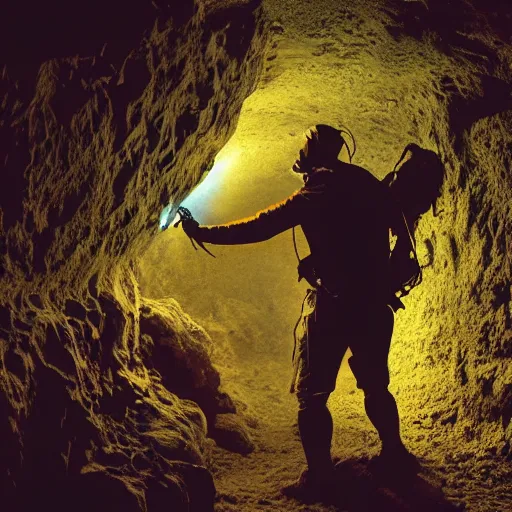 Prompt: cave explorer finding a black tar nightmare monster. horrifying 4 k extreme detail lit by torchlight. expired found film