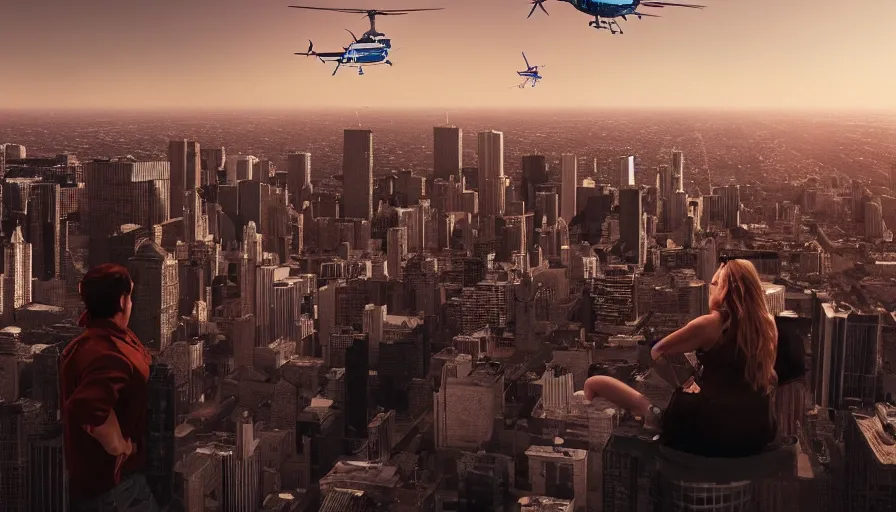 Prompt: people sitting on a hill watching chicago with helicopters above the city, hyperdetailed, artstation, cgsociety, 8 k